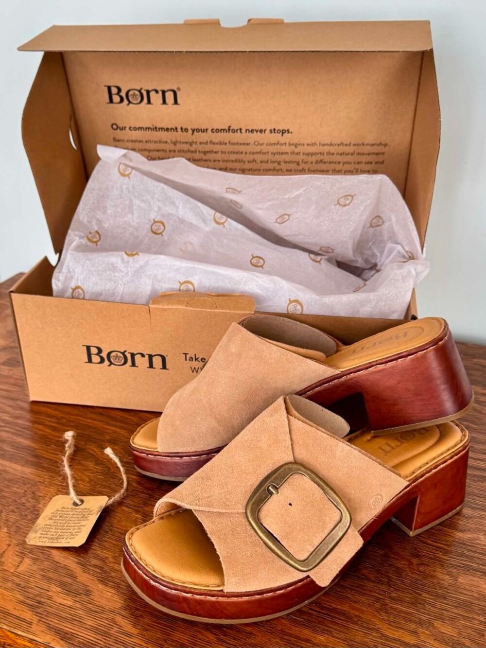 BORN Suede Leather Wedge Open-Toe Mule/Slides